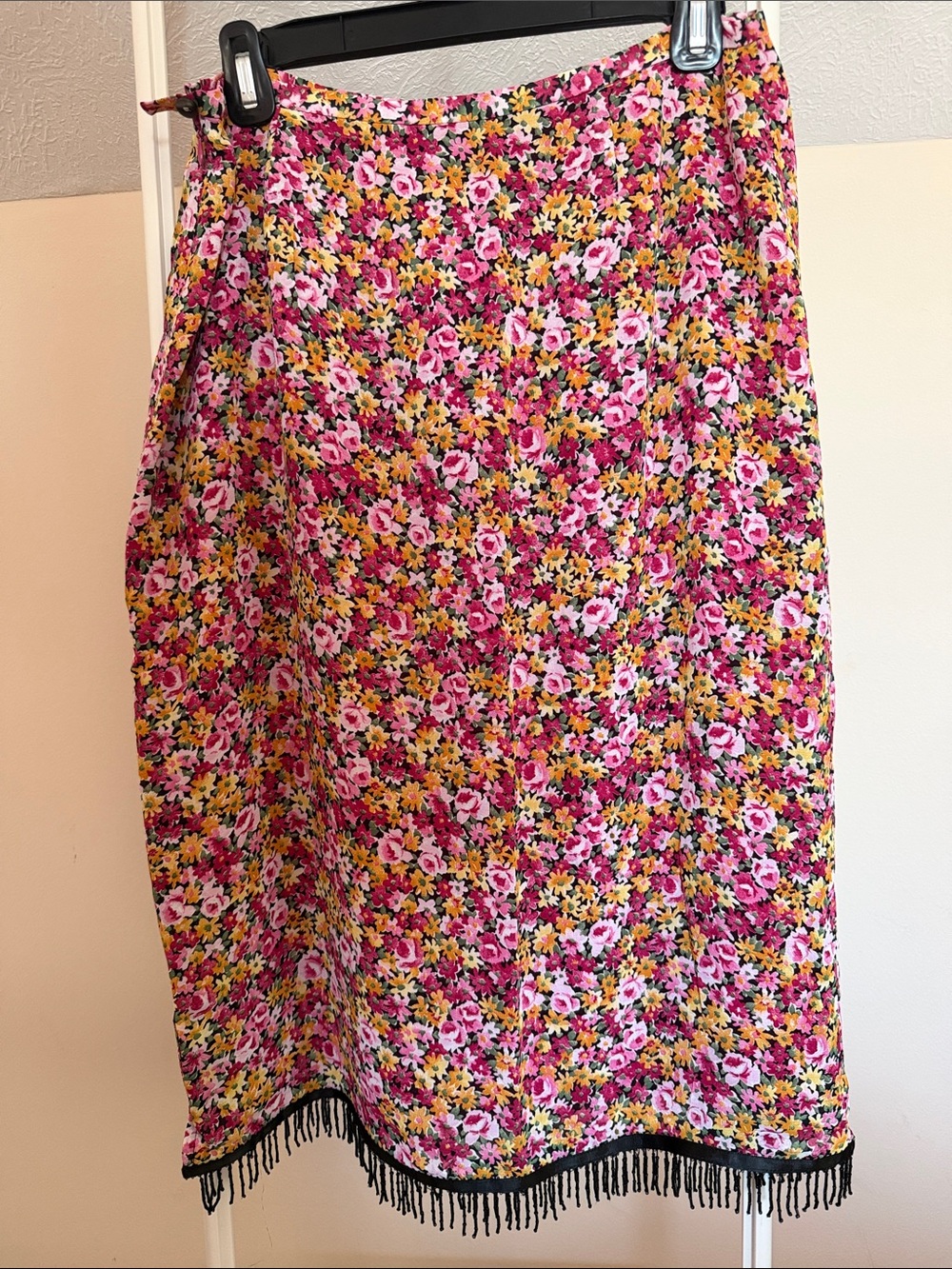Harold's floral pink yellow rayon midi skirt with beaded fringe -size 10 VINTAGE